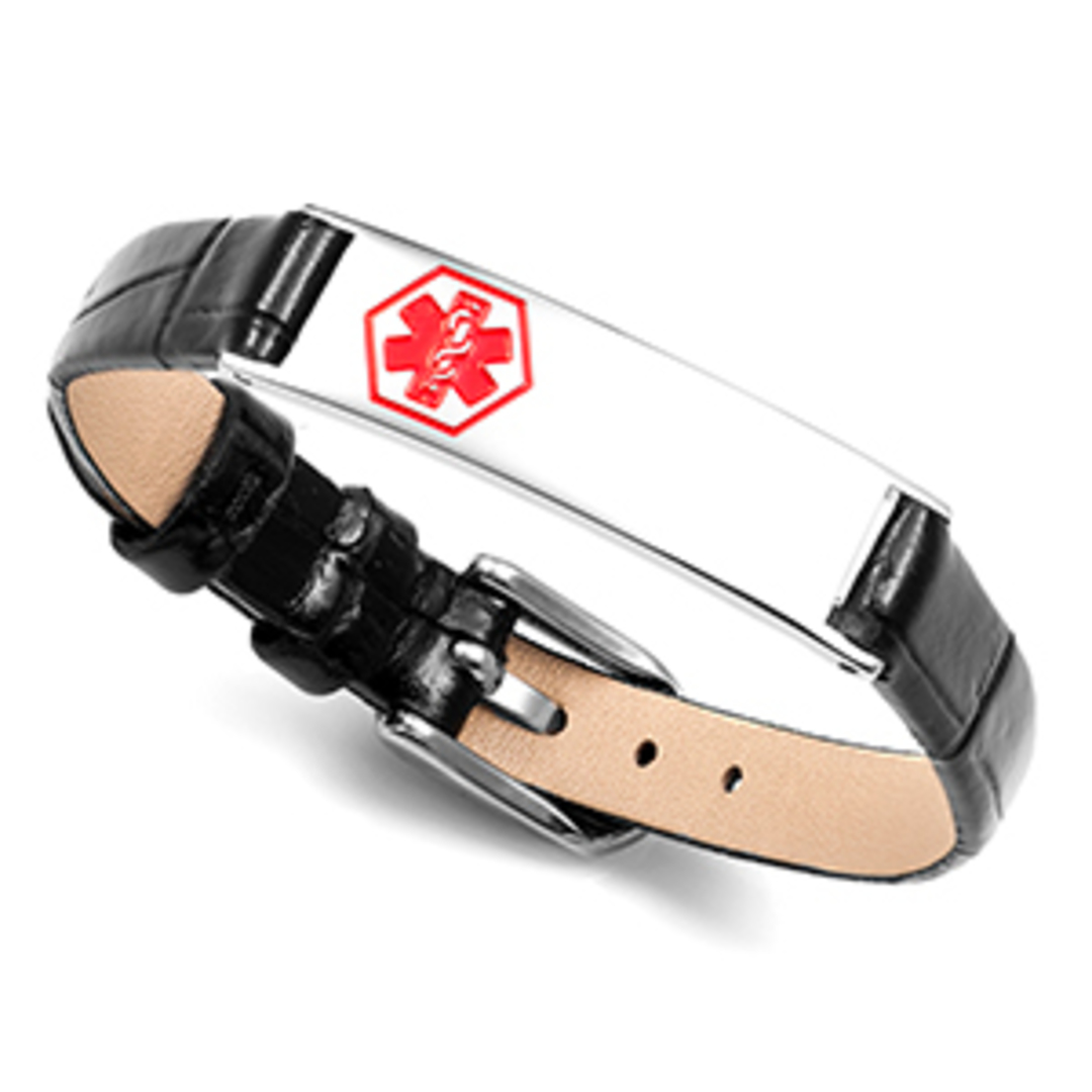 Black Leather ID Bracelet with Thin Silver Tag & Medical Symbol image 0